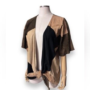 JUDITH ANN CREATIONS Suede Leather Patchwork Tie Front Short Sleeve Cardigan